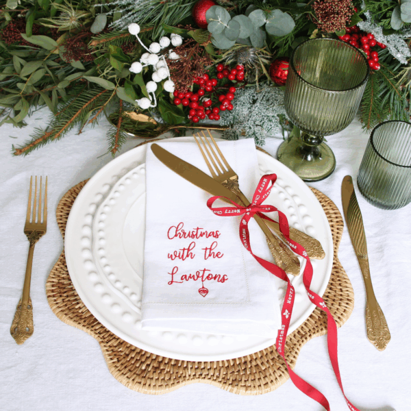 LINEN HEMSTITCH NAPKIN – Personalised with Surname and Festive Bauble