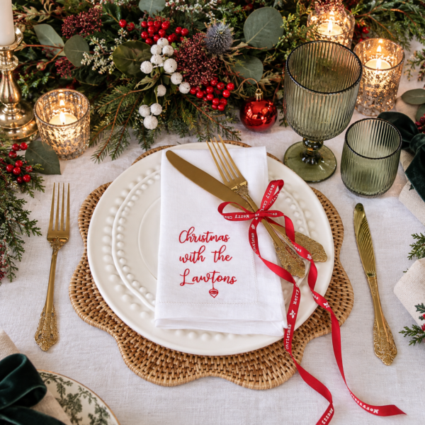 LINEN HEMSTITCH NAPKIN Personalised with Surname and Festive Bauble