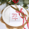 LINEN HEMSTITCH NAPKIN Personalised with Surname and Festive Bauble