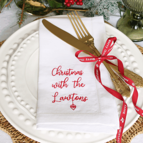 LINEN HEMSTITCH NAPKIN Personalised with Surname and Festive Bauble
