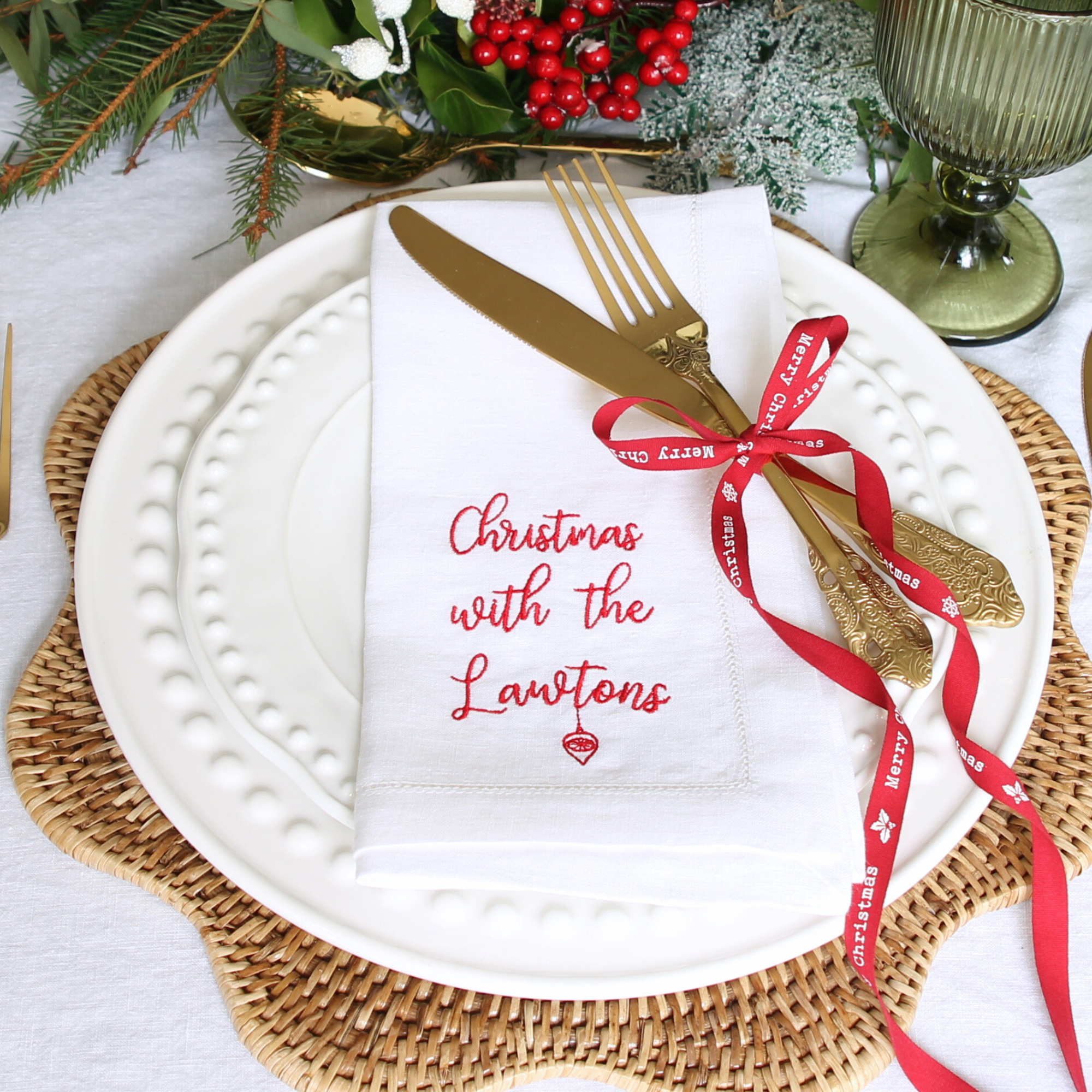 LINEN HEMSTITCH NAPKIN Personalised with Surname and Festive Bauble