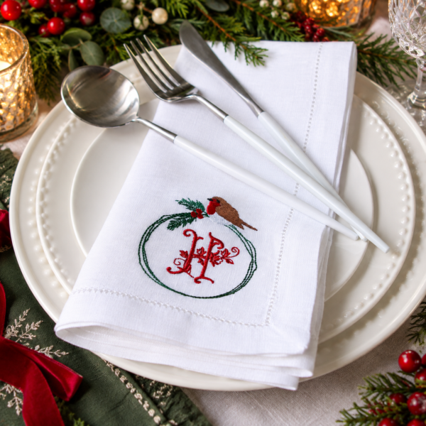 LINEN HEMSTITCH NAPKINS Monogram Christmas Robin Napkin