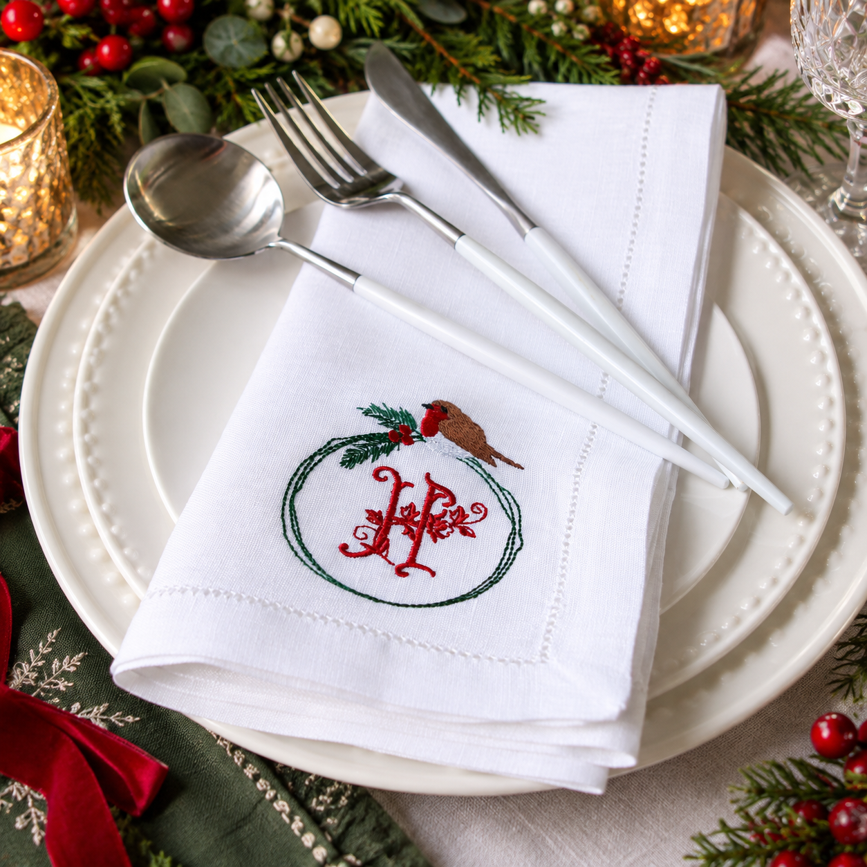 LINEN HEMSTITCH NAPKINS Monogram Christmas Robin Napkin