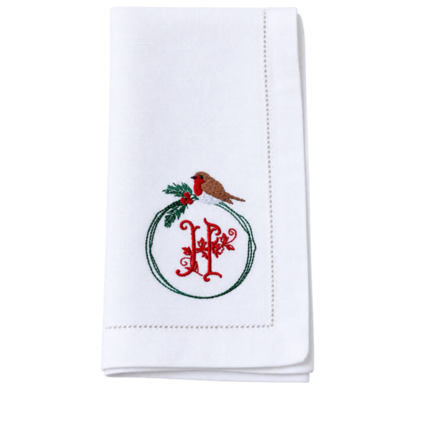 LINEN HEMSTITCH NAPKINS Monogram Christmas Robin Napkin LINEN HEMSTITCH NAPKINS Monogram Christmas Robin Napkin