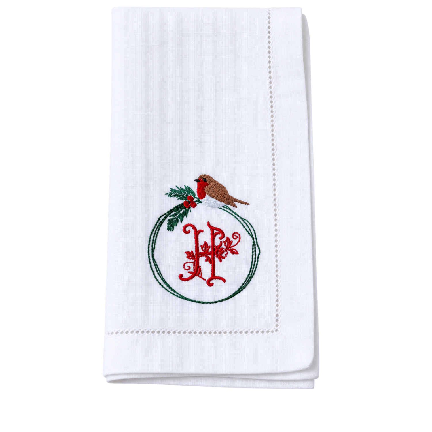 LINEN HEMSTITCH NAPKINS Monogram Christmas Robin Napkin