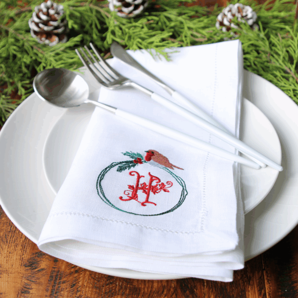 LINEN HEMSTITCH NAPKIN - Monogram Christmas Robin Napkins