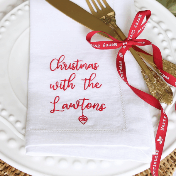 LINEN HEMSTITCH NAPKIN Personalised with Surname and Festive Bauble