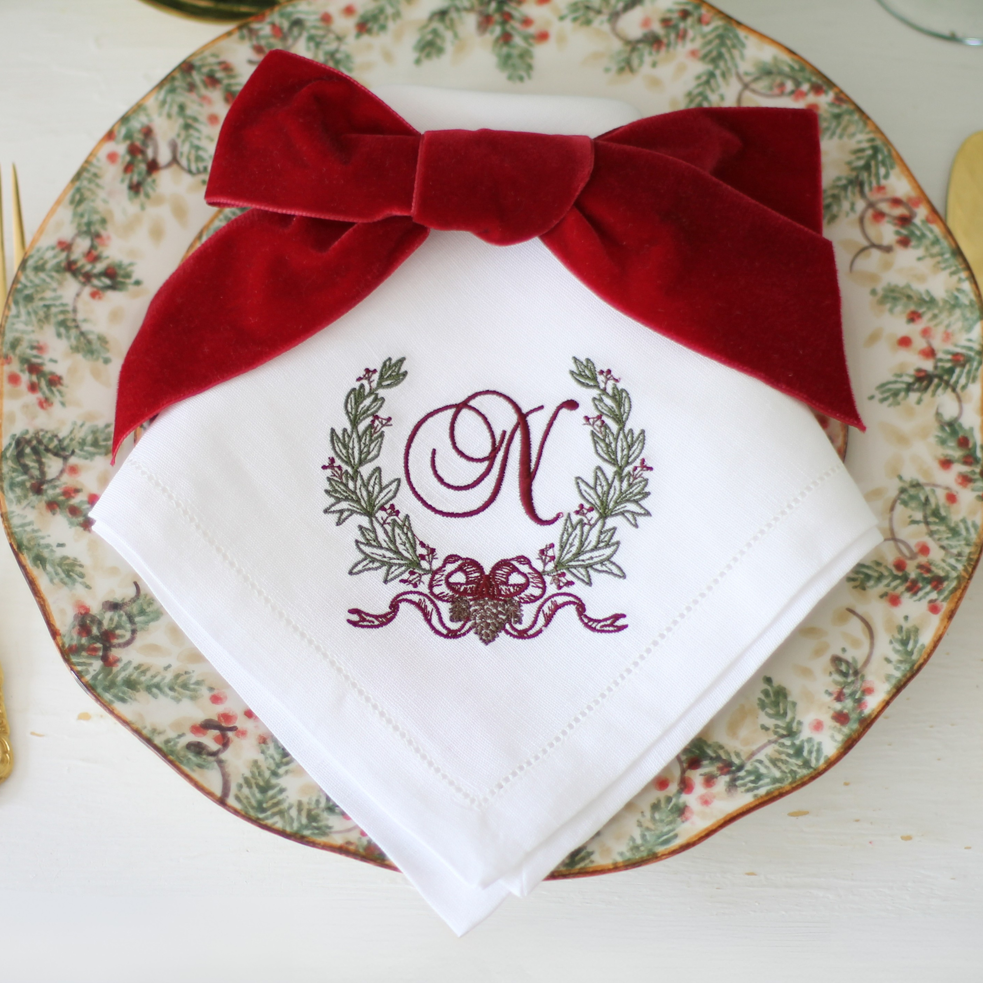 LINEN HEMSTITCH NAPKIN - Monogram Christmas Napkin