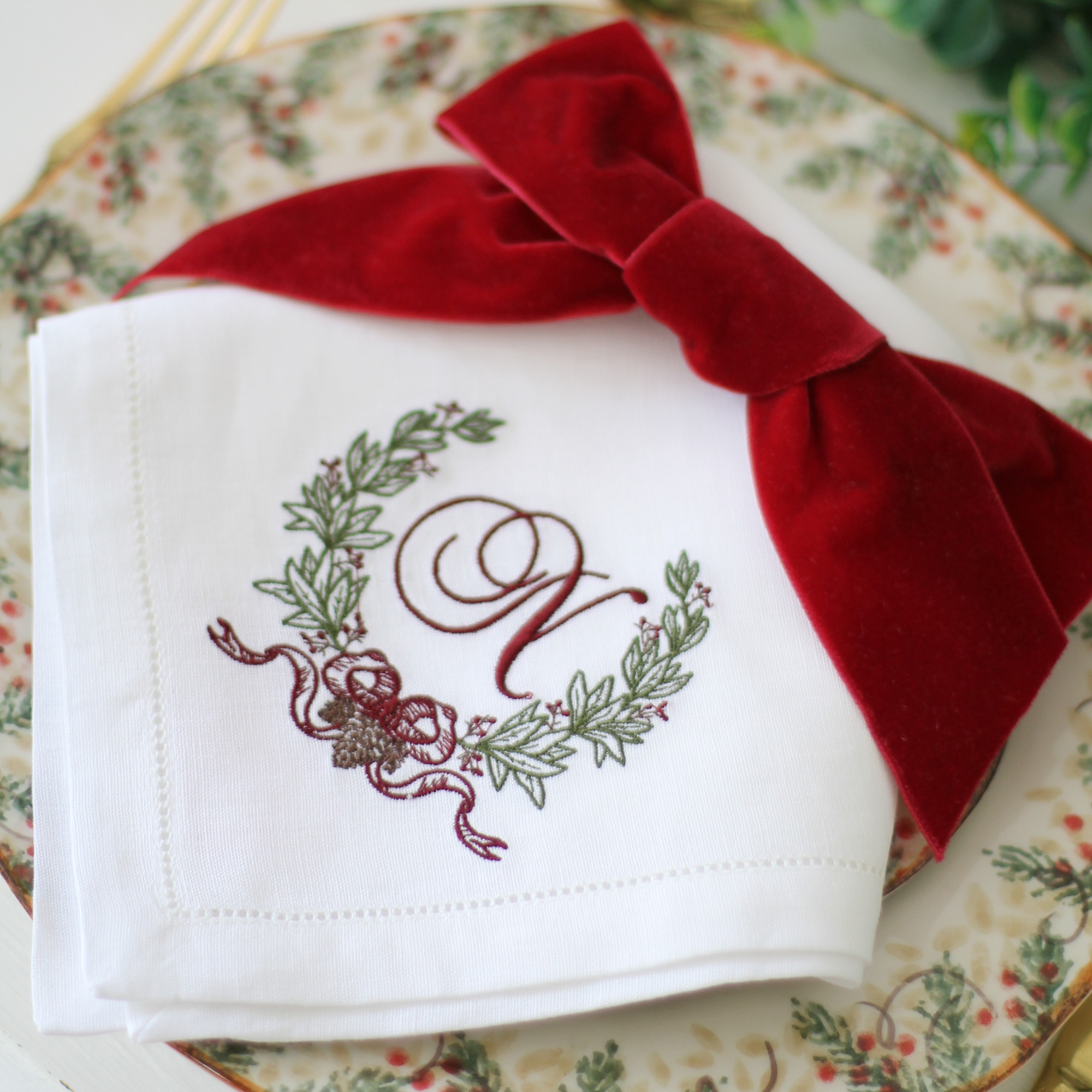 LINEN HEMSTITCH NAPKIN - Monogram Christmas Napkin