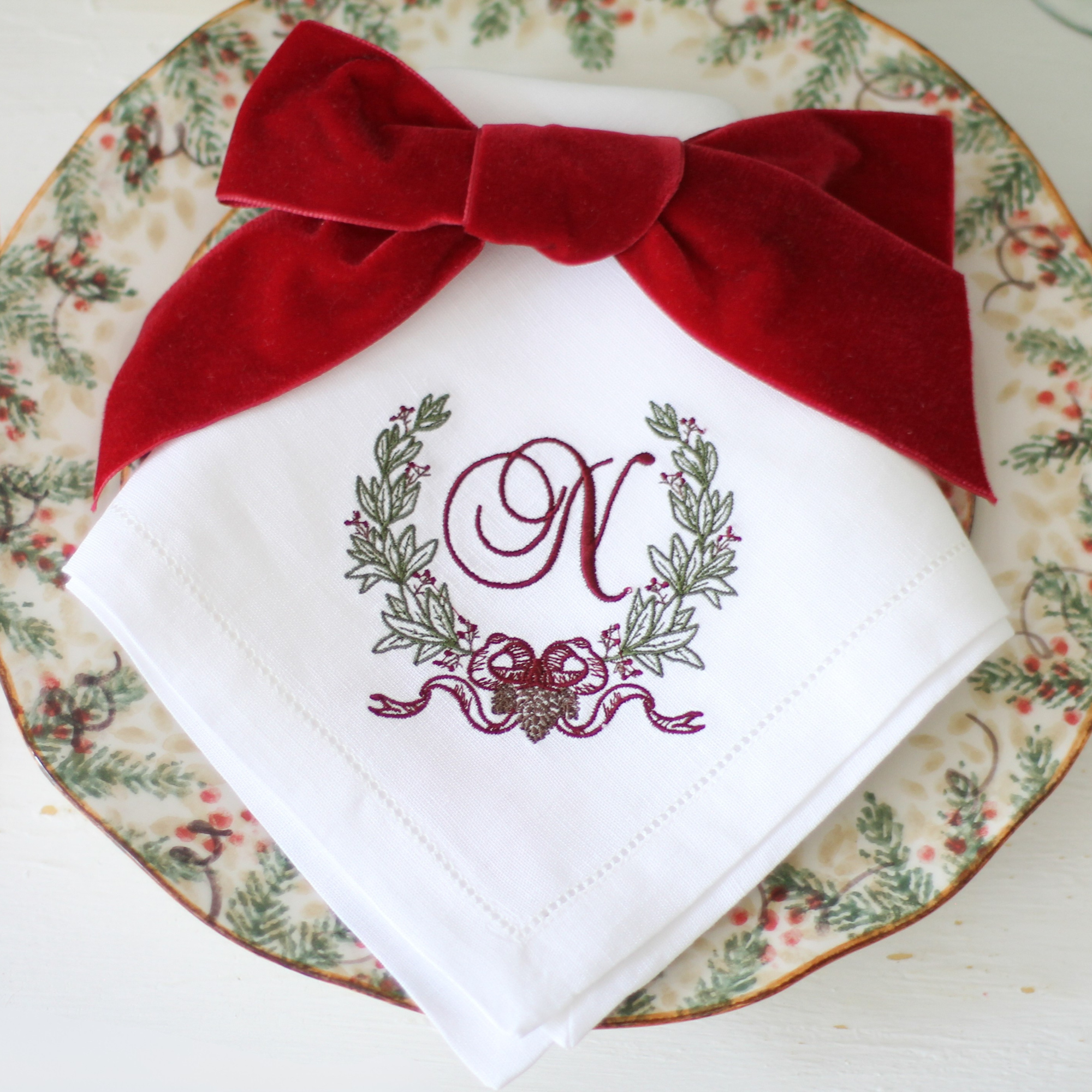 LINEN HEMSTITCH NAPKIN - Monogram Christmas Napkin
