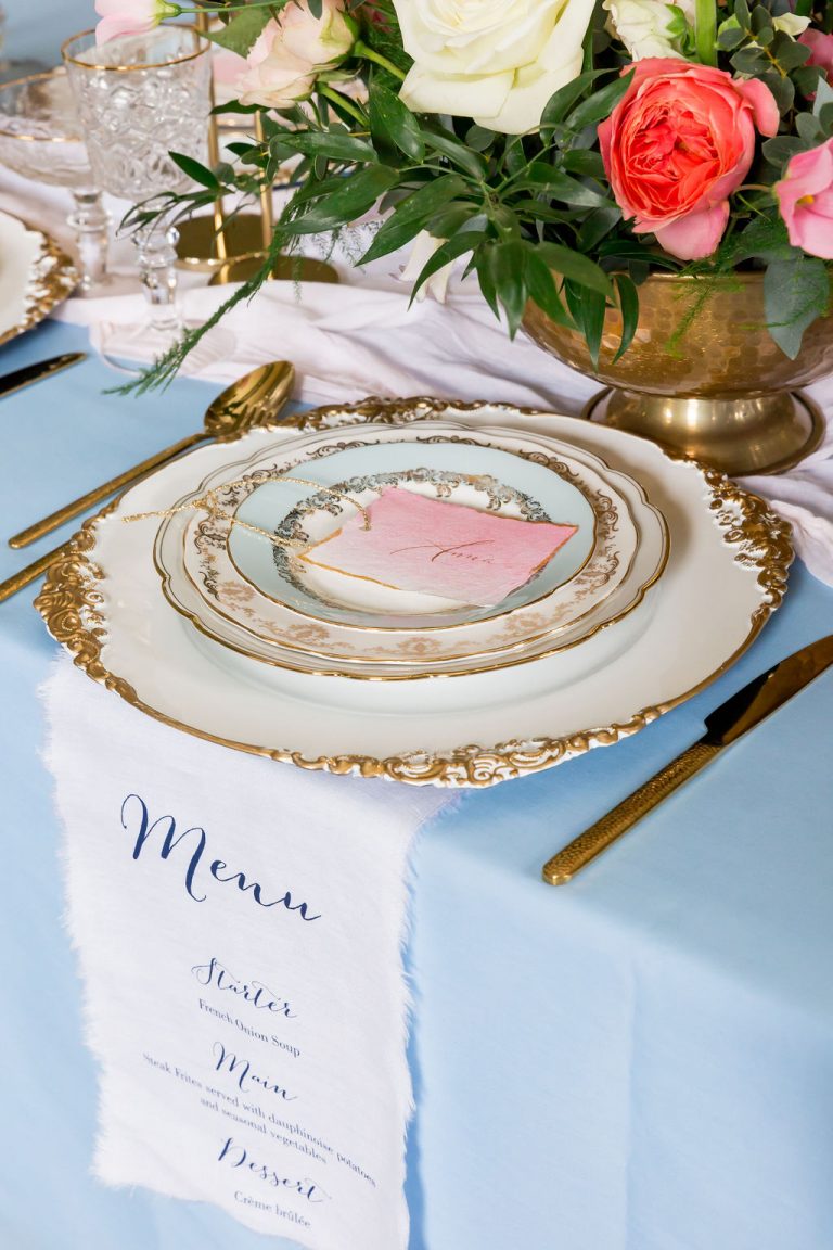 Modern and Elegant Wedding Table Styling With Printed Fabric Menus