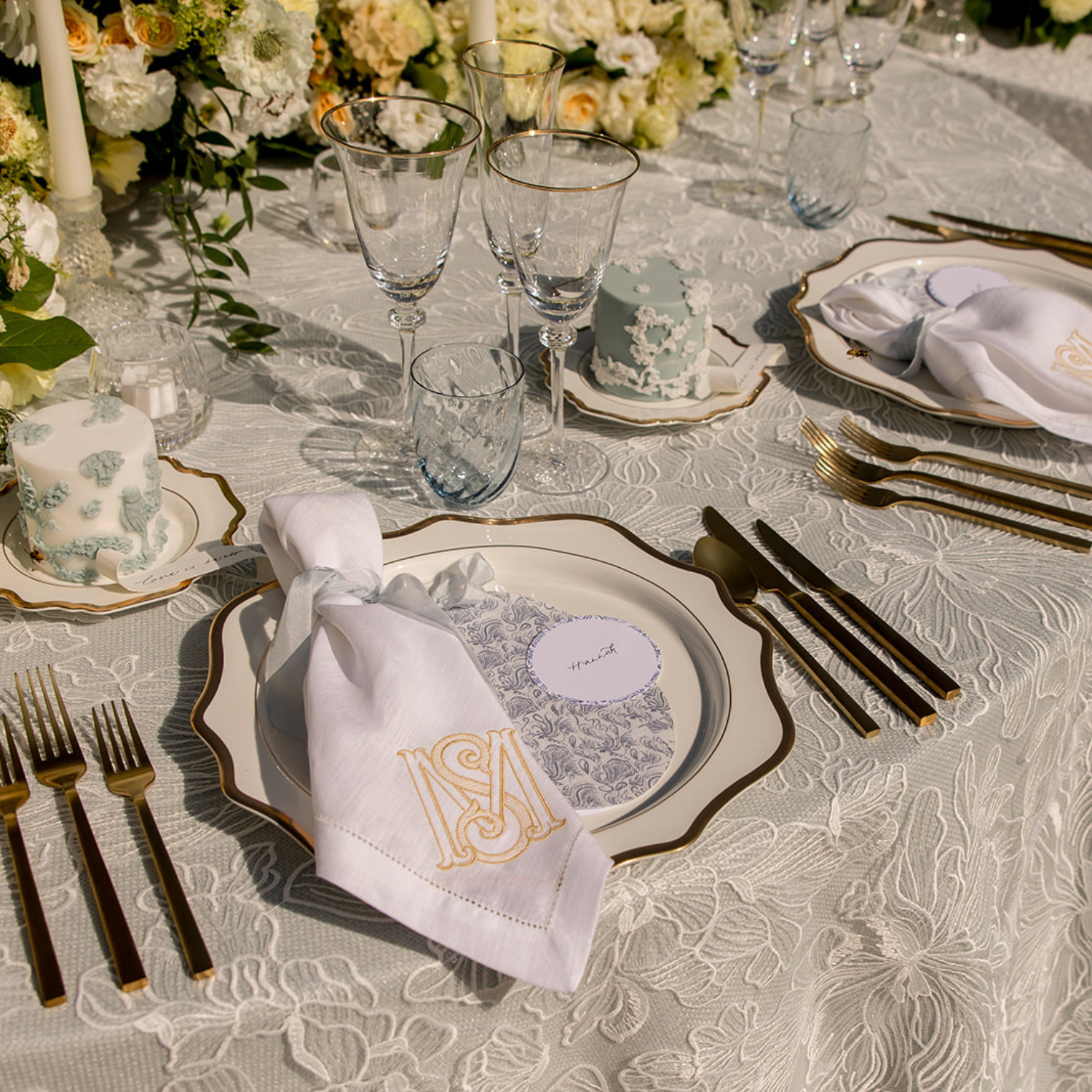 LINEN HEMSTITCH NAPKIN Two Colours Ornate Monogram Napkins
