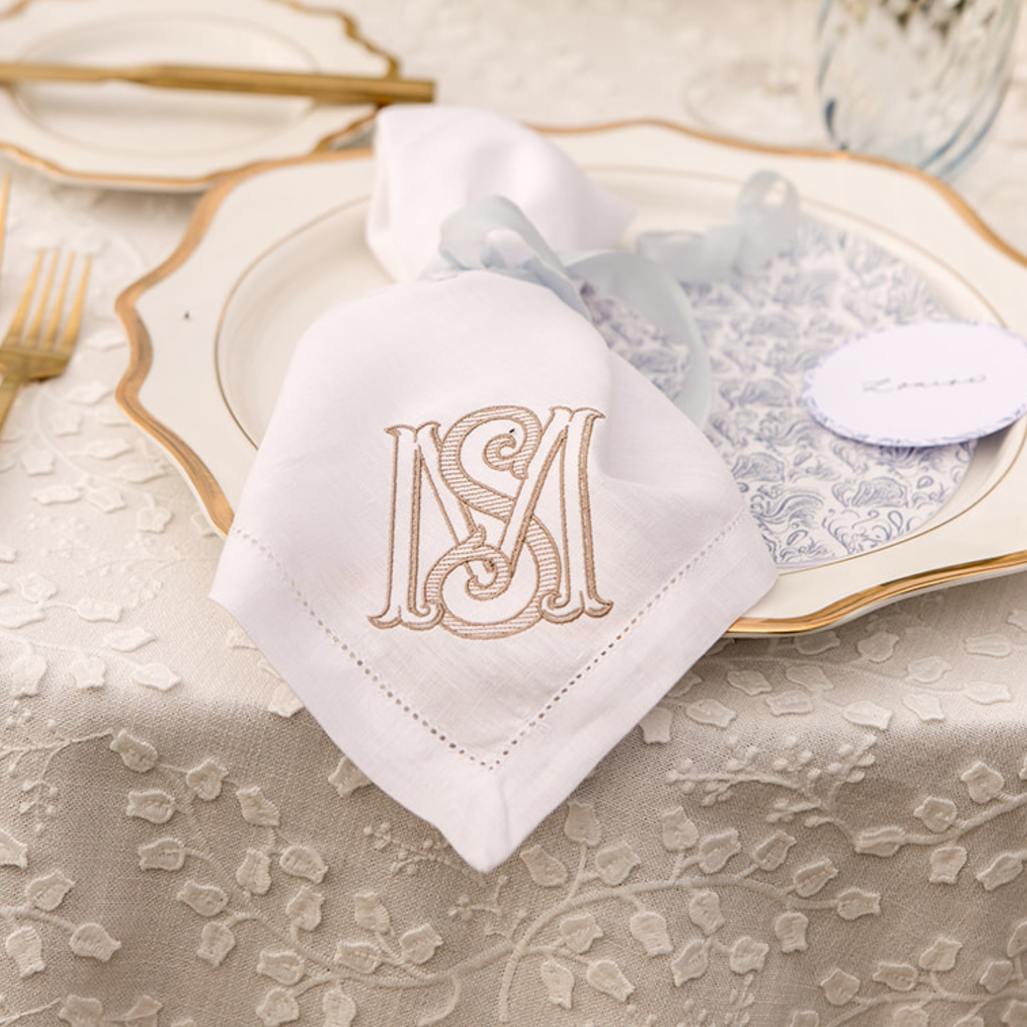 LINEN HEMSTITCH NAPKIN Two Colours Ornate Monogram Napkins