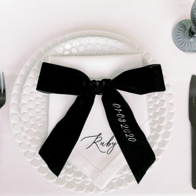 Calligraphy Linen Napkins With Velvet Bows For a Monochrome Luxe Wedding