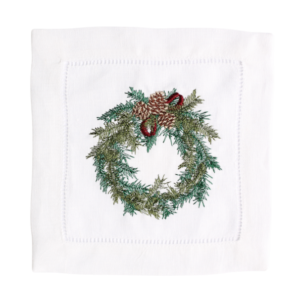 LINEN HEMSTITCH COCKTAIL NAPKIN - Christmas Wreath Cocktail Napkin