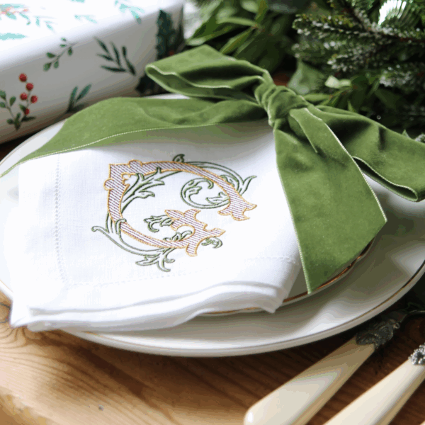 LINEN HEMSTITCH NAPKIN - Christmas Monogram Embroidered Napkin