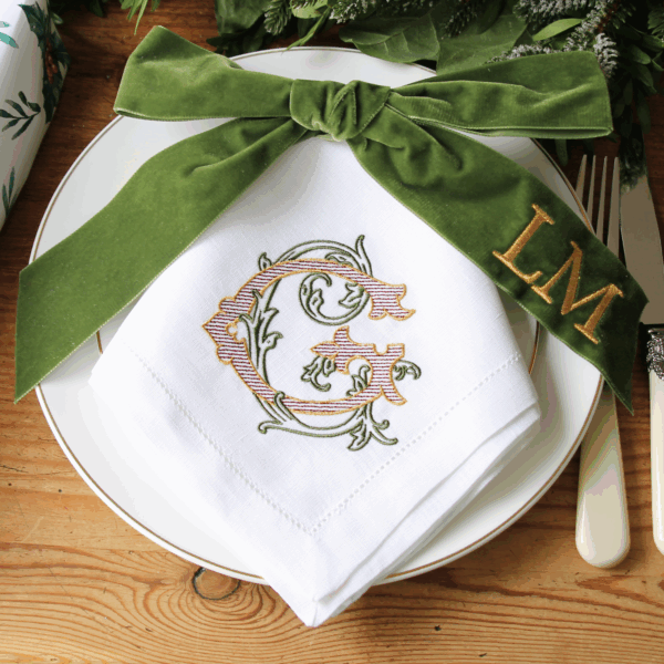 LINEN HEMSTITCH NAPKIN - Christmas Monogram Embroidered Napkin