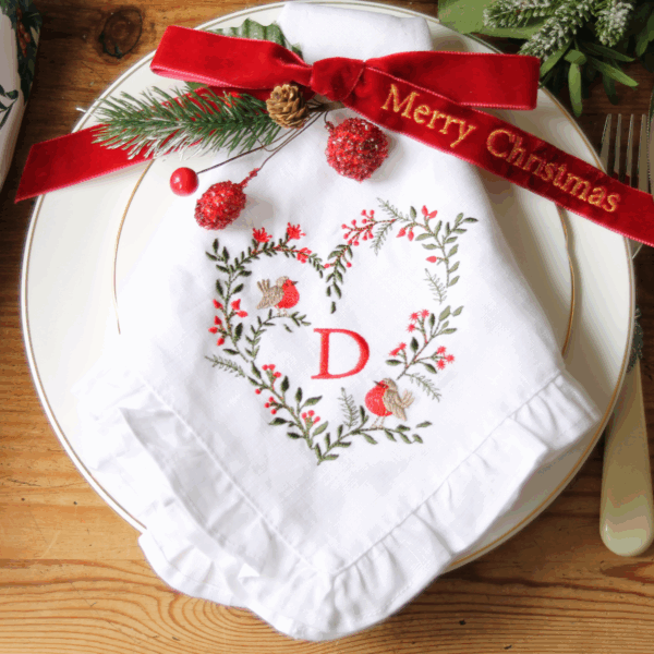 RUFFLED LINEN NAPKIN - Cute Christmas Napkin Love Heart Christmas Wreath Monogram