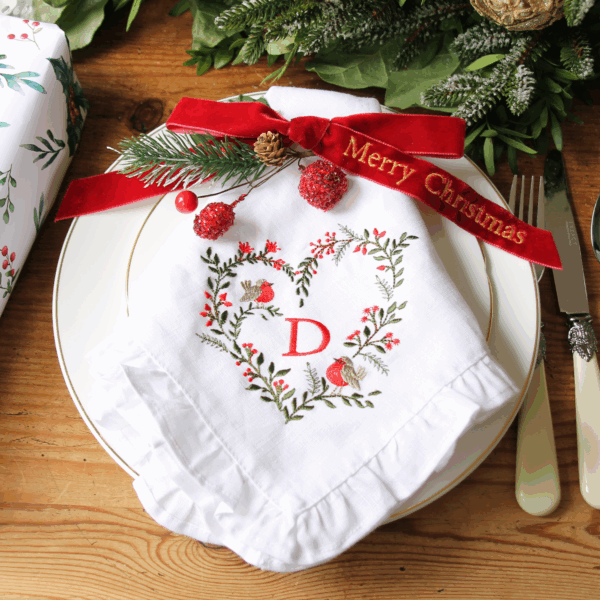 RUFFLED LINEN NAPKIN - Cute Christmas Napkin Love Heart Christmas Wreath Monogram