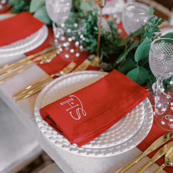 COTTON HEMSTITCH NAPKIN - Red Christmas Napkins Personalised with Festive Monogram