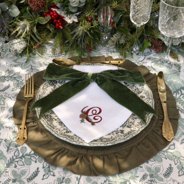 LINEN HEMSTITCH NAPKIN Pine Cone Christmas Monogram Napkins