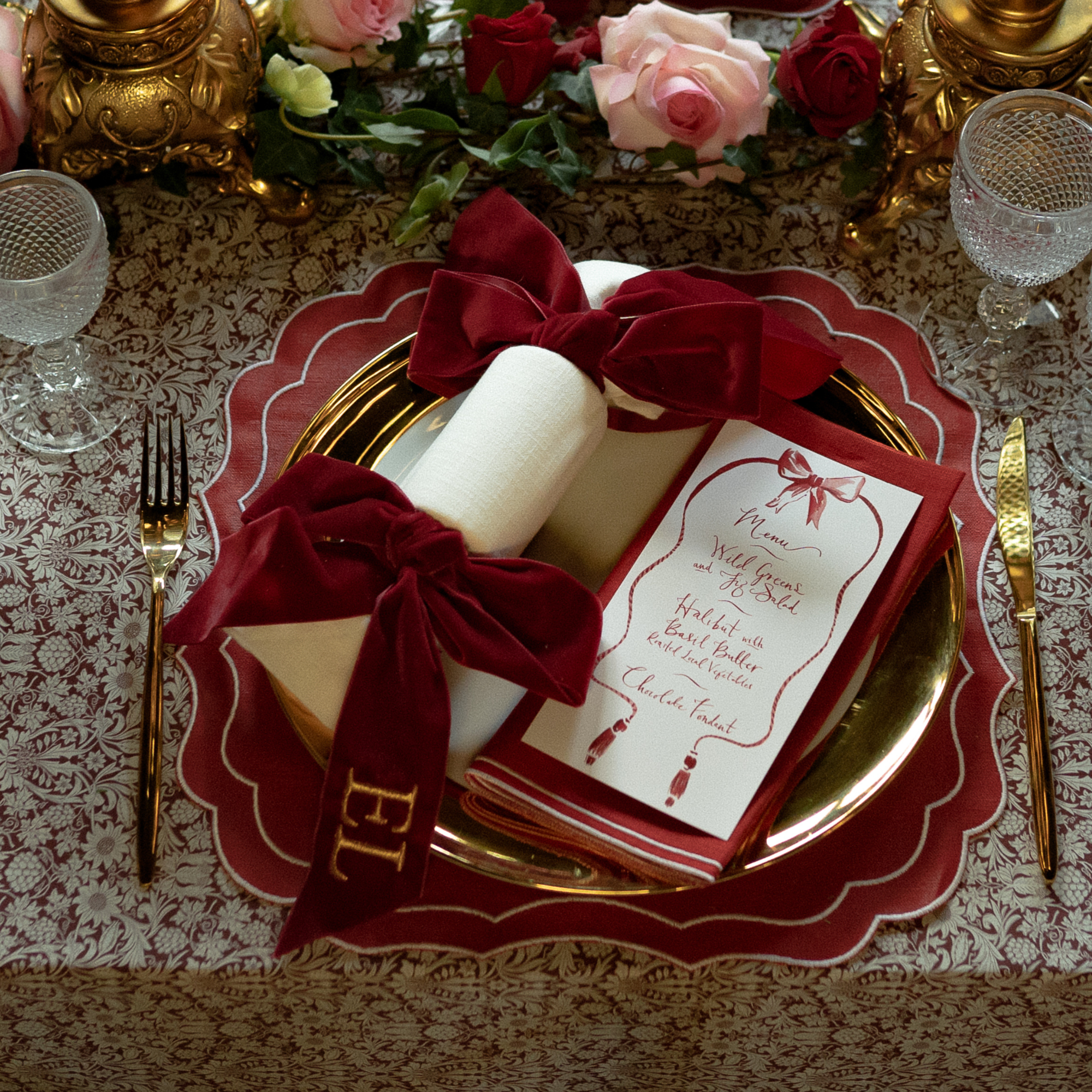 REUSABLE CHRISTMAS CRACKERS Once Pulled Become Full Size Napkins with Monogrammed Velvet Bow