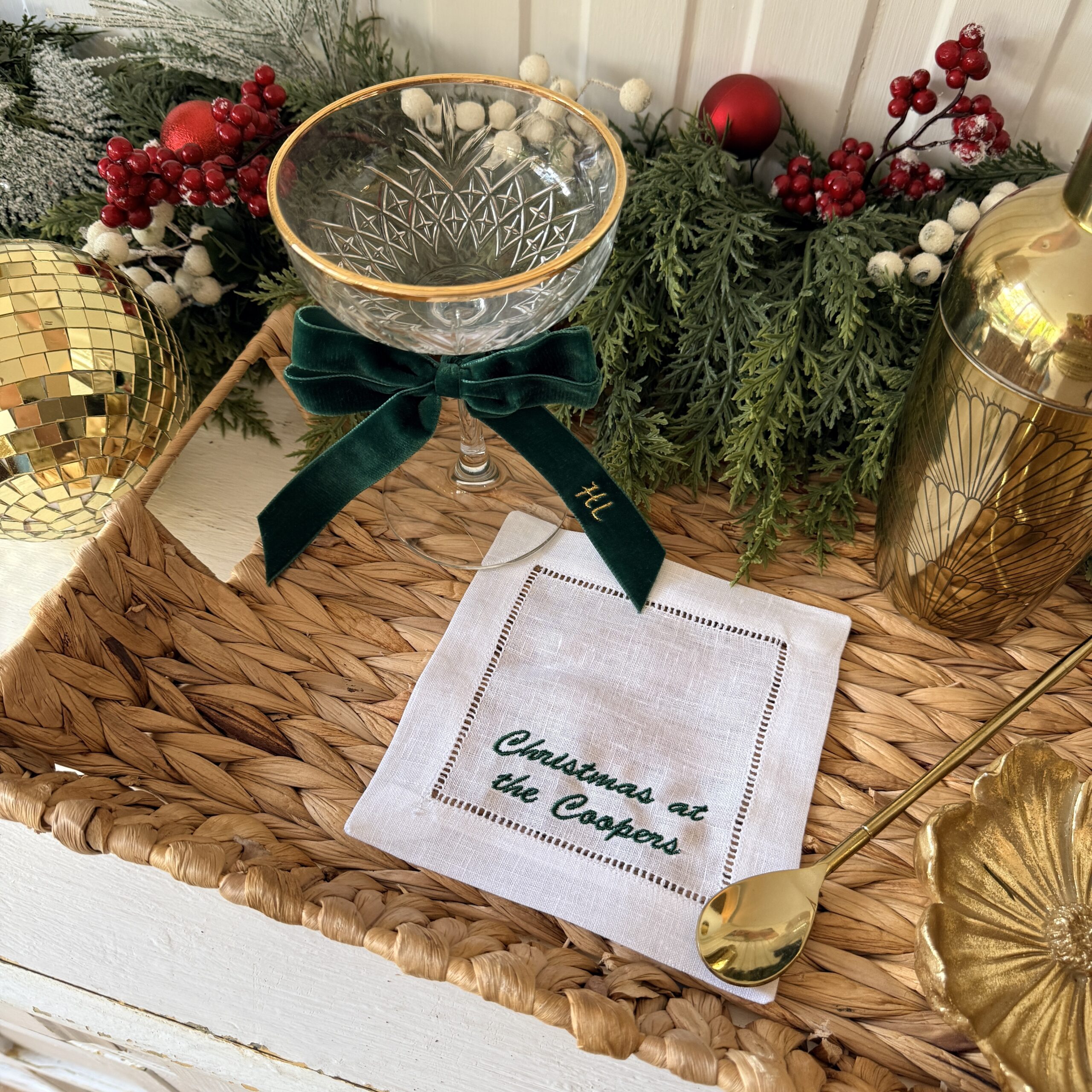 LINEN HEMSTITCH COCKTAIL NAPKIN - Name or Custom Quote Cocktail Napkin