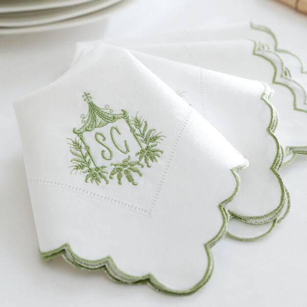 Monogrammed green scallop napkins