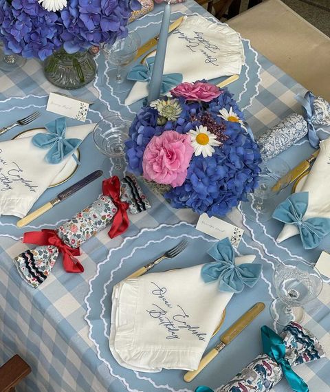 Dusty Blue Tablescape with Embroidered Ruffled Napkins