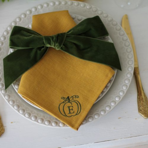Monogrammed Mustard Linen Napkins with Green Velvet Bow