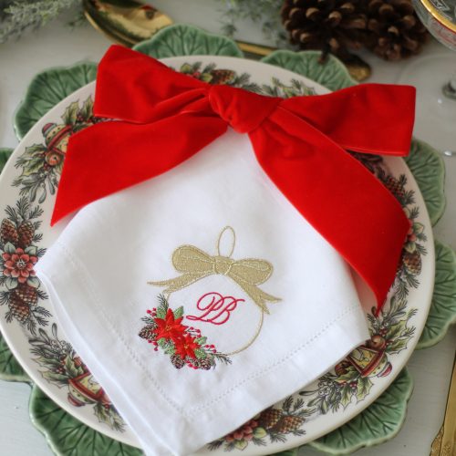 Monogrammed Bauble with Poinsettia & Pine Cones Napkin