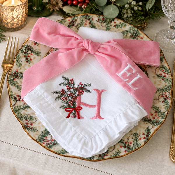 LINEN RUFFLED NAPKIN - Ruffled Christmas Napkin with Holly Monogram