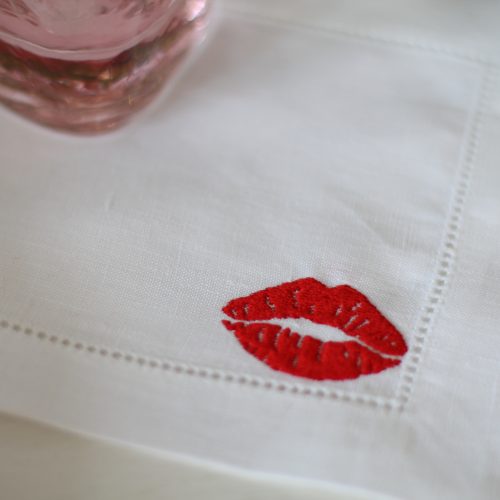 LINEN HEMSTITCH COCKTAIL NAPKIN - Kissing Lips Cocktail Napkin