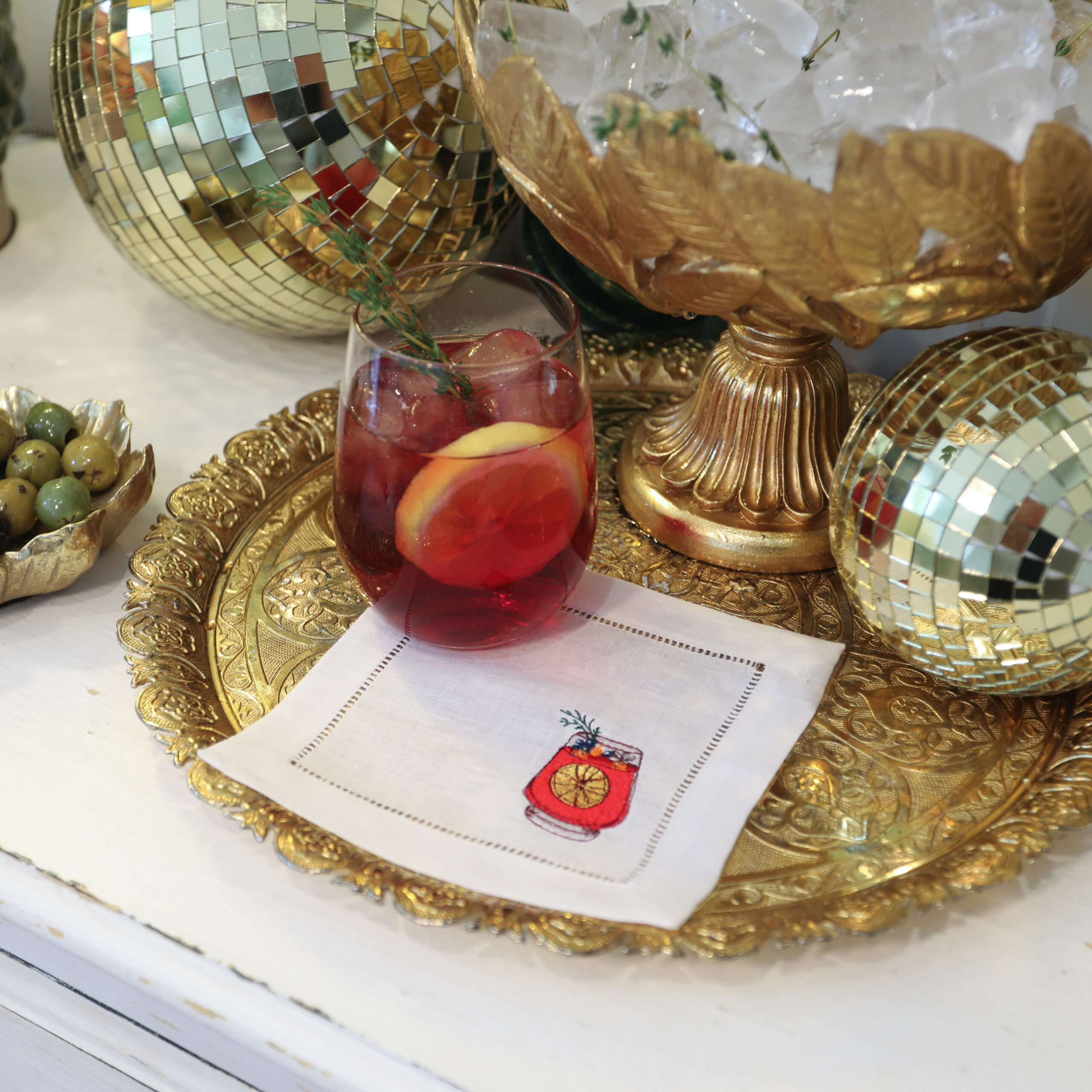 LINEN HEMSTITCH COCKTAIL NAPKIN - Set of 4 embroidered Christmas Drinks Cocktail Napkins