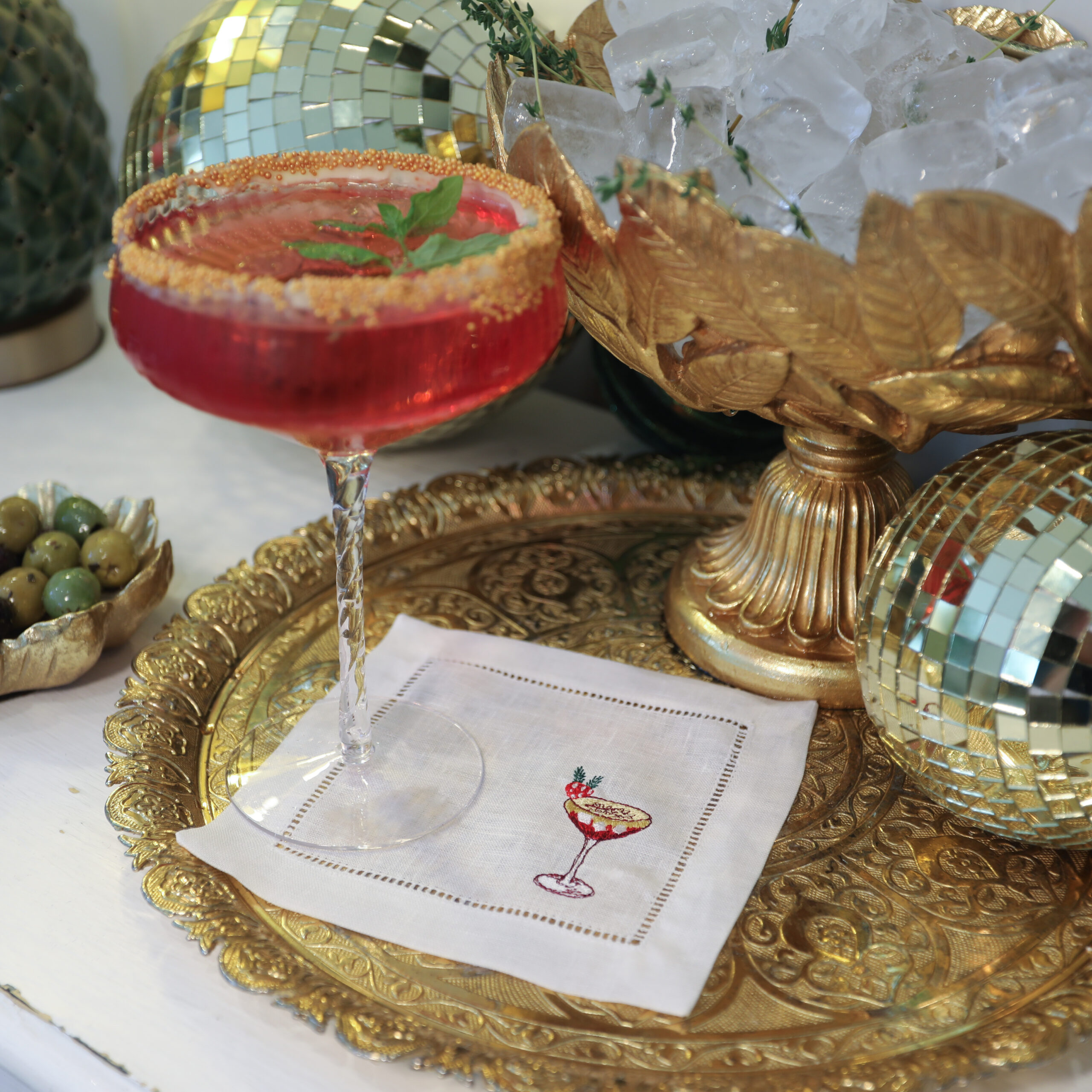 LINEN HEMSTITCH COCKTAIL NAPKIN - Set of 4 embroidered Christmas Drinks Cocktail Napkins