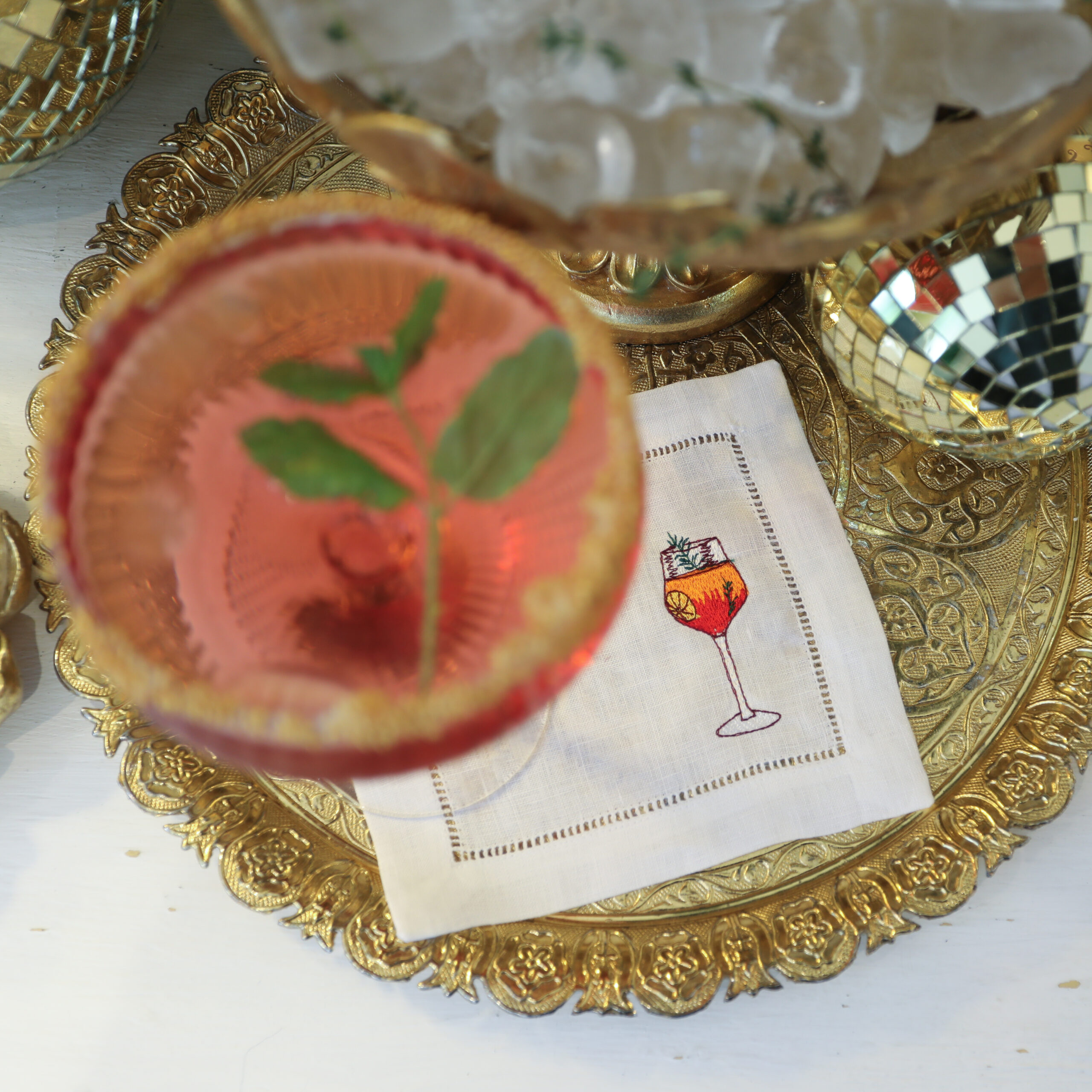 LINEN HEMSTITCH COCKTAIL NAPKIN - Set of 4 embroidered Christmas Drinks Cocktail Napkins