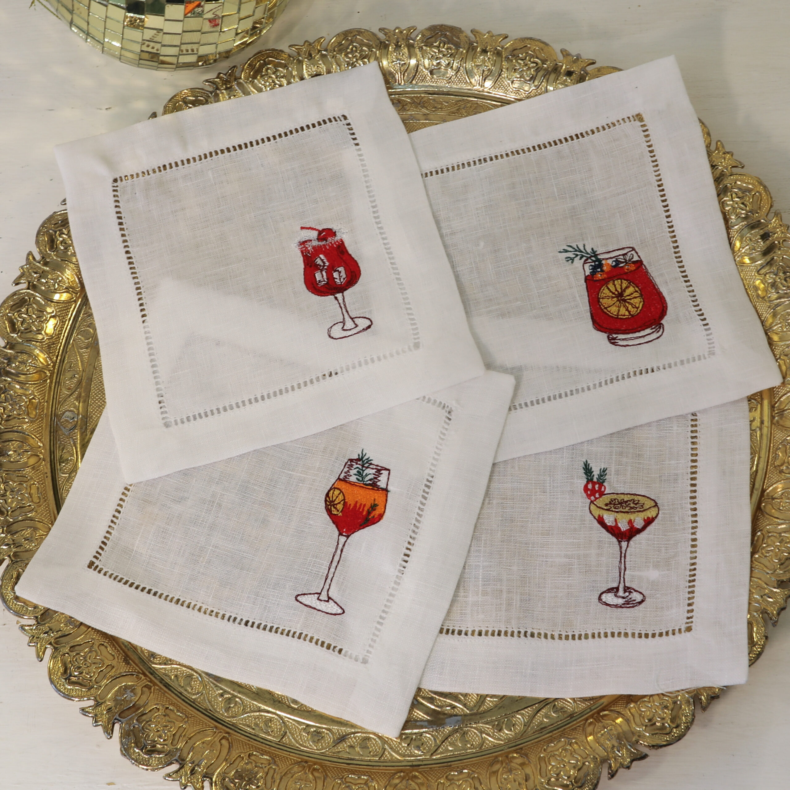 LINEN HEMSTITCH COCKTAIL NAPKIN - Set of 4 embroidered Christmas Drinks Cocktail Napkins