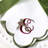 LINEN SCALLOP NAPKINS -White & Green Scallop Napkin with Christmas Pine Monogram