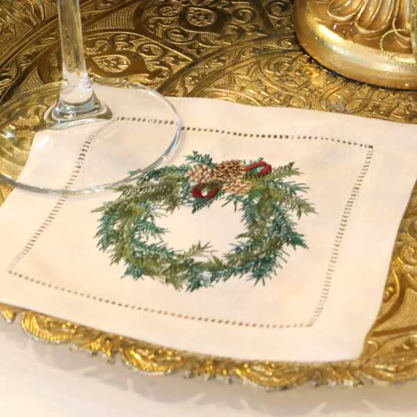 LINEN HEMSTITCH COCKTAIL NAPKIN – Christmas Wreath Cocktail Napkin