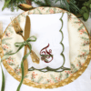 LINEN SCALLOP NAPKINS -White & Green Scallop Napkin with Christmas Pine Monogram