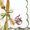 LINEN SCALLOP NAPKINS -White & Green Scallop Napkin with Christmas Pine Monogram