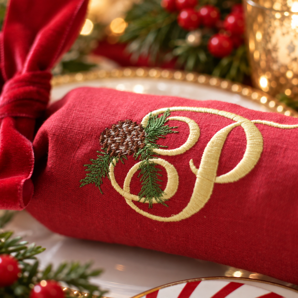 LUXURY REUSABLE CRACKERS Reusable Cracker Once Pulled Become Ruffle Napkin Burgundy Pine Monogram