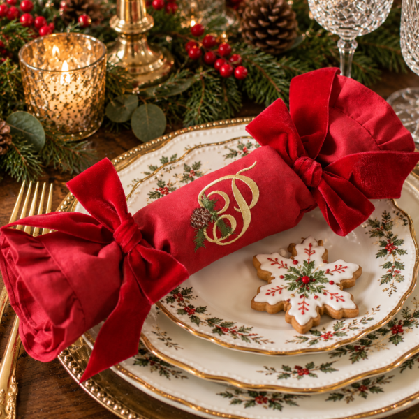 LUXURY REUSABLE CRACKERS Reusable Crackers Once Pulled Become Ruffle Napkin Burgundy with Pine Monogram