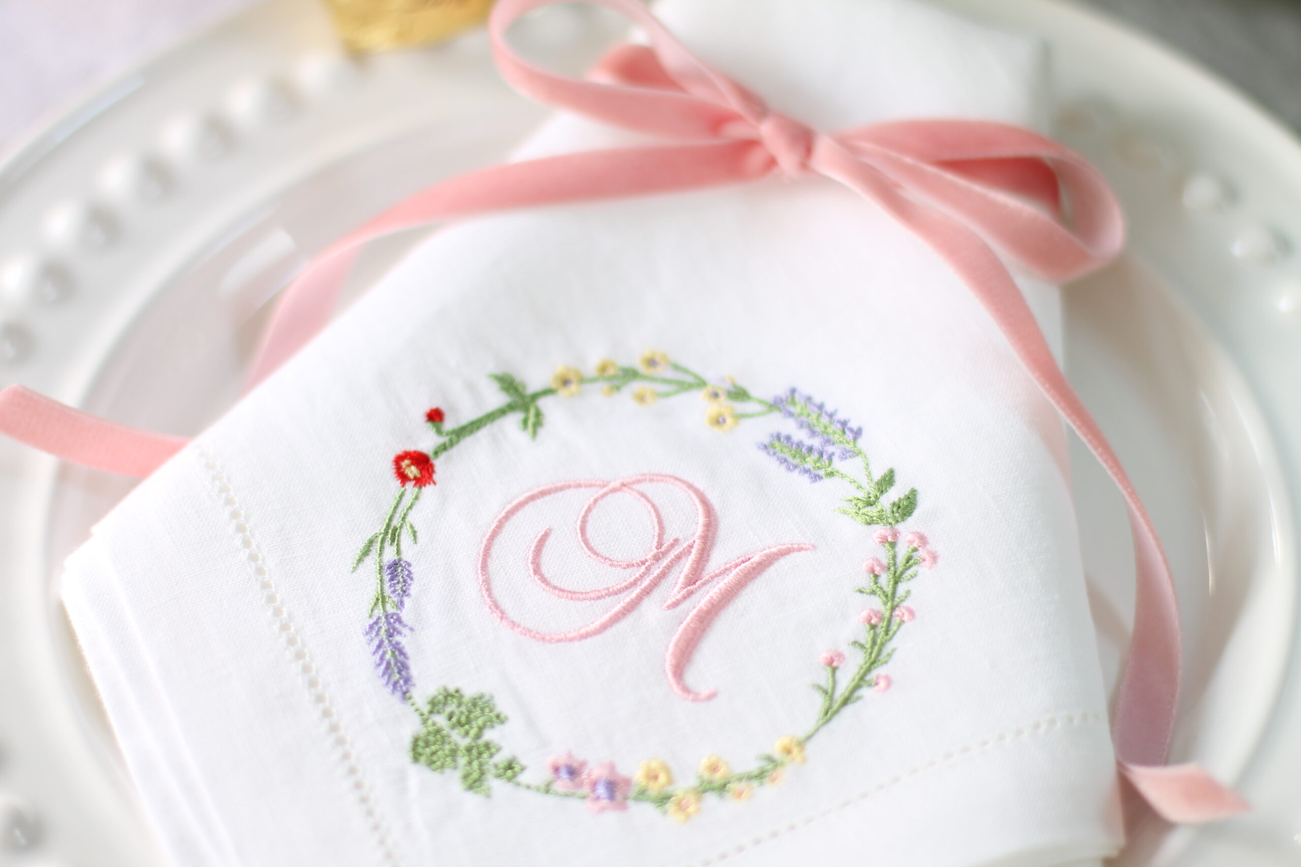 Spring Wreath Monogram Napkin The Embroidered Napkin Co