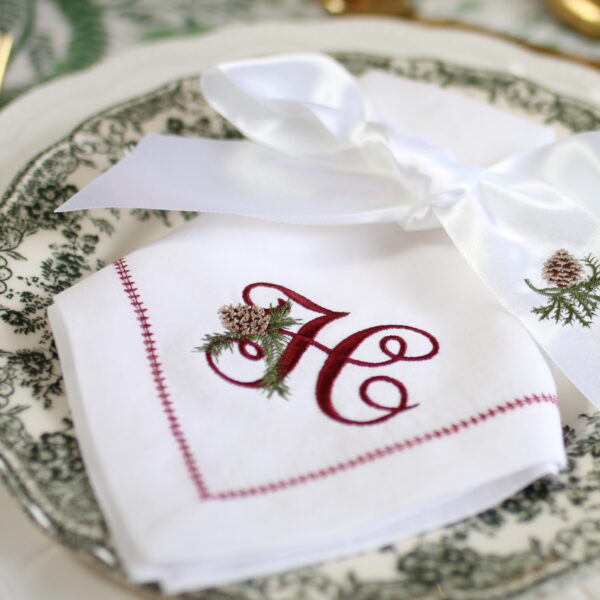 LINEN NAPKIN WITH CONTRAST HEMSTITCH - Christmas Pine Monogram Napkin