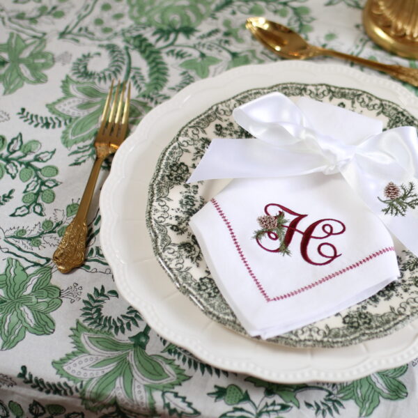 LINEN NAPKIN WITH CONTRAST HEMSTITCH - Christmas Pine Monogram Napkin