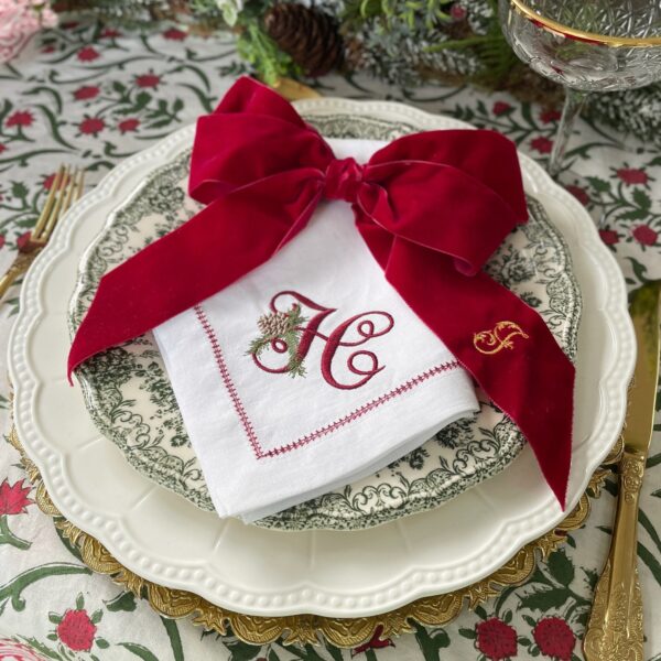 LINEN NAPKIN WITH CONTRAST HEMSTITCH - Christmas Pine Monogram Napkin