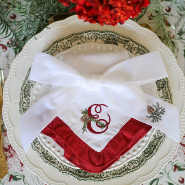 RUFFLE LINEN NAPKIN - Christmas Ruffle Napkin with Burgundy or Green Trim & Pine Monogram