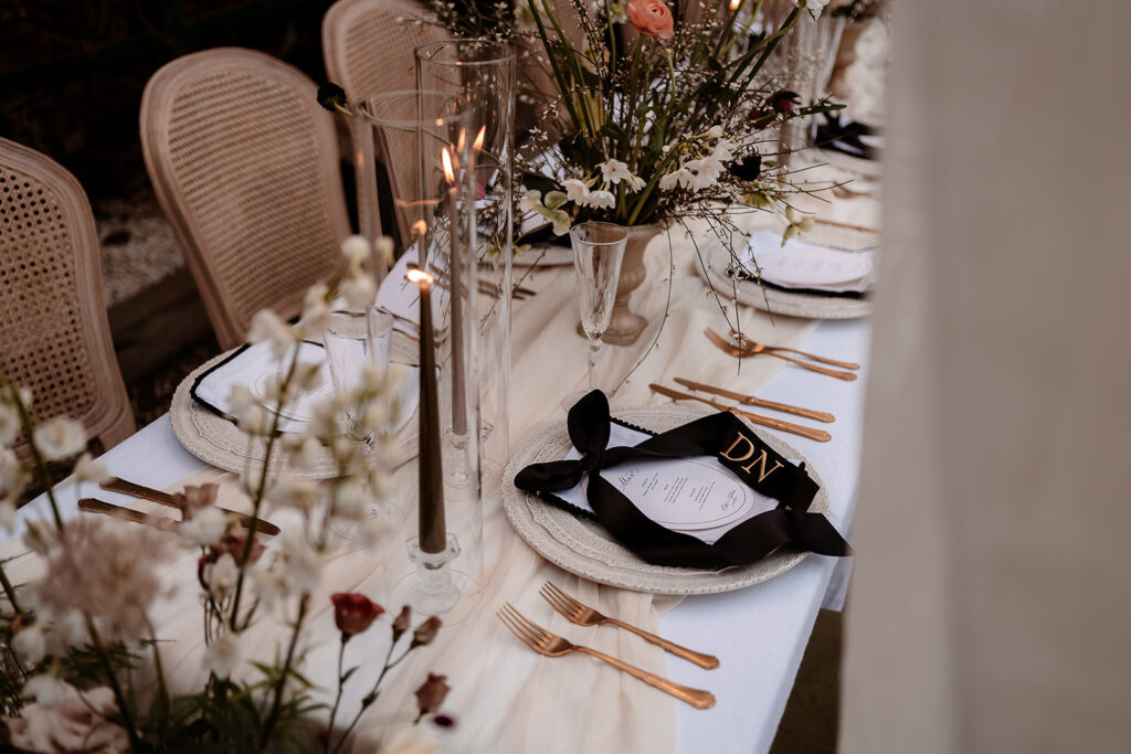 Luxury Wedding Tablescape With Personalised Napkin Bows at Avington Park
