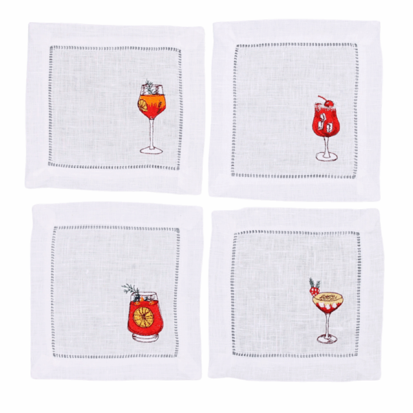 LINEN HEMSTITCH COCKTAIL NAPKIN – Set of 4 embroidered Christmas Cocktail Napkins